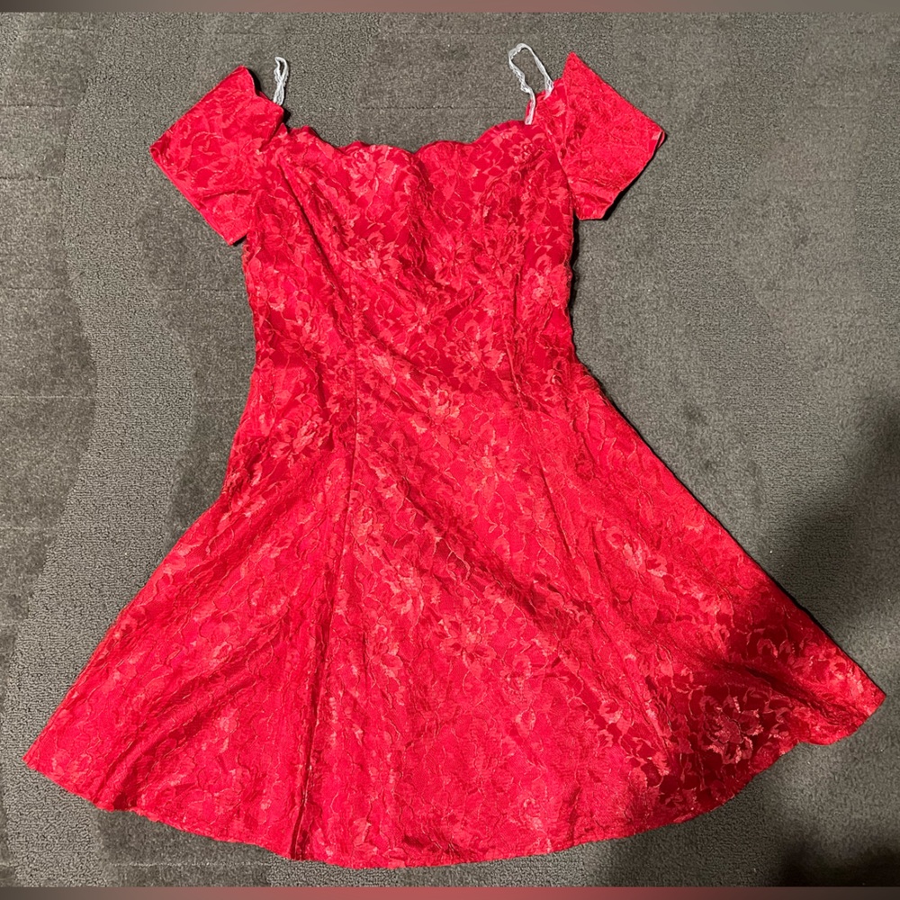Vintage Paris Sport Club Bright Red Floral Lace Dress Off-Shoulder Fit & Flare